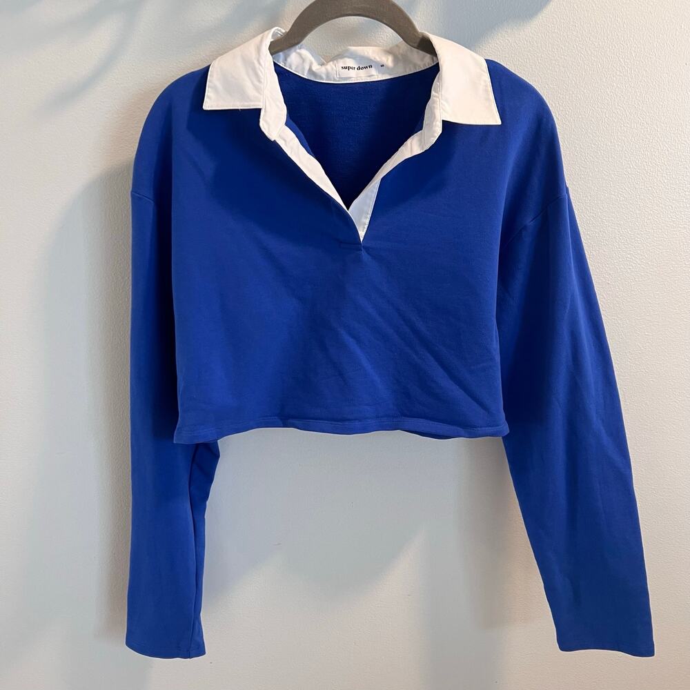 Super Down Blue Zolee Cropped Polo Top Size S